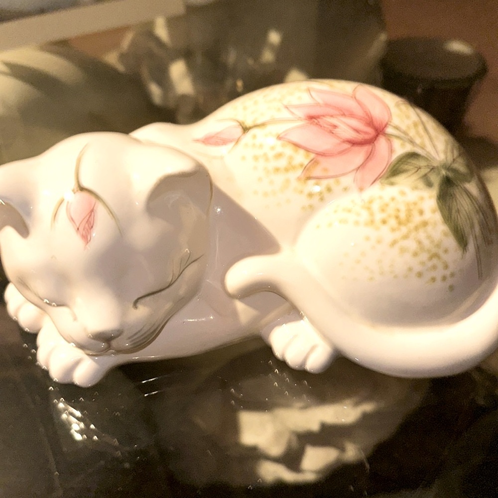 Cat Figurine White Sleeping Cat Pink